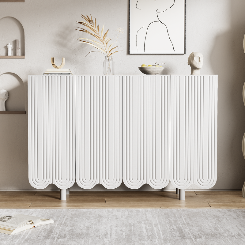 Buffet Moderne Blanc avec Portes Sculptées et Amortisseurs - Rangement Optimisé EVRENS WHITE