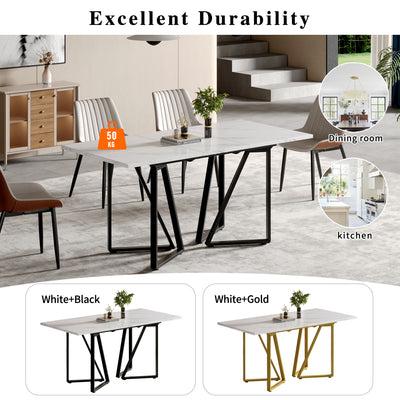 Table à Manger Extensible Blanche Effet Marbre et Pieds Métalliques Géométriques Dorés FASTIENS BLACK