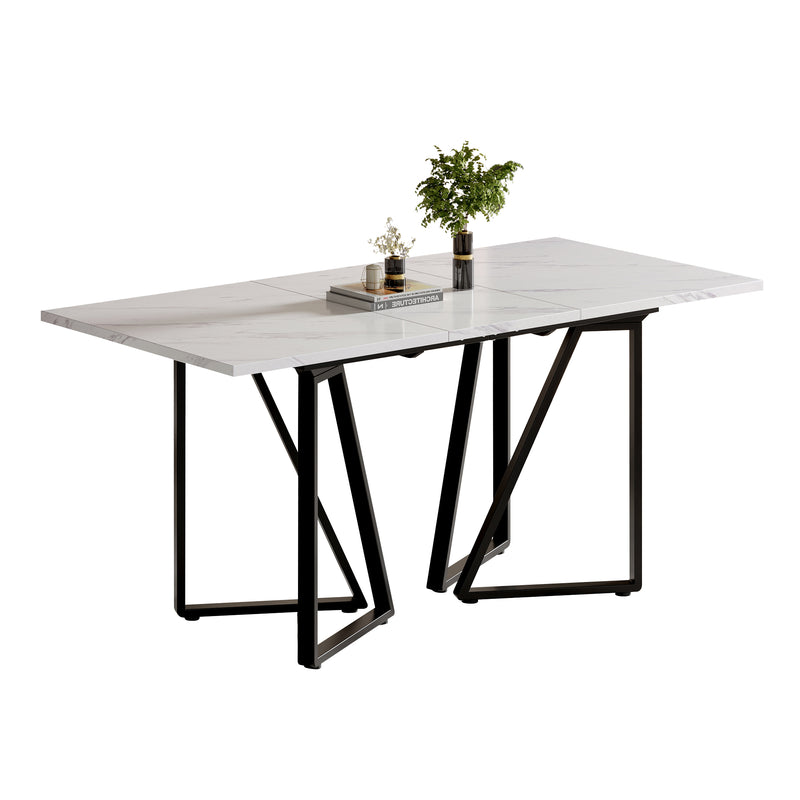 Table à Manger Extensible Blanche Effet Marbre et Pieds Métalliques Géométriques Dorés FASTIENS BLACK