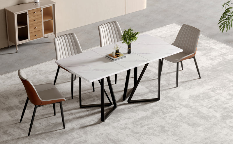 Table à Manger Extensible Blanche Effet Marbre et Pieds Métalliques Géométriques Dorés FASTIENS BLACK