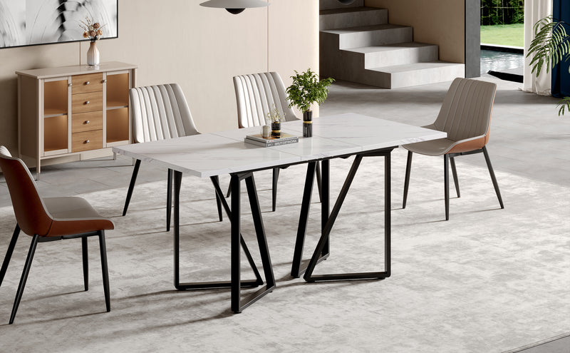Table à Manger Extensible Blanche Effet Marbre et Pieds Métalliques Géométriques Dorés FASTIENS BLACK