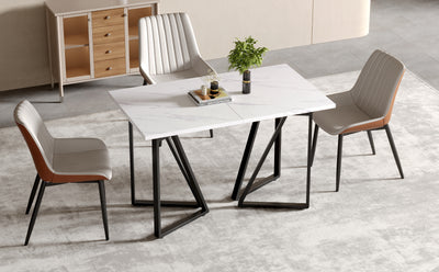 Table à Manger Extensible Blanche Effet Marbre et Pieds Métalliques Géométriques Dorés FASTIENS BLACK
