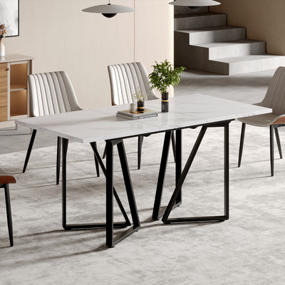 Table à Manger Extensible Blanche Effet Marbre et Pieds Métalliques Géométriques Dorés FASTIENS BLACK
