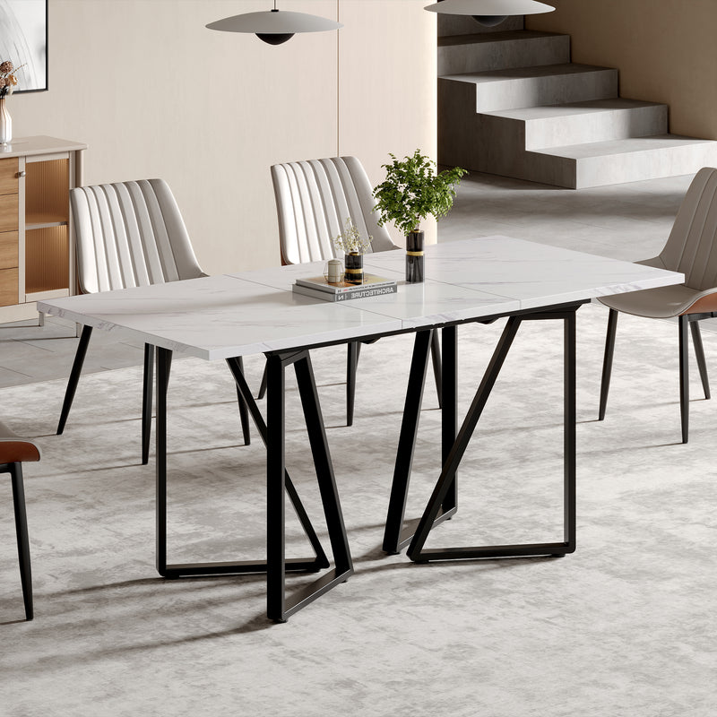 Table à Manger Extensible Blanche Effet Marbre et Pieds Métalliques Géométriques Dorés FASTIENS BLACK
