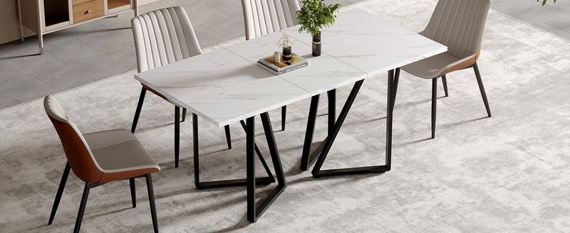 Table à Manger Extensible Blanche Effet Marbre et Pieds Métalliques Géométriques Dorés FASTIENS BLACK
