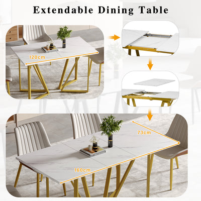 Table à Manger Extensible Blanche Effet Marbre avec Pieds Métalliques Noirs Géométriques  FASTIENS GOLD