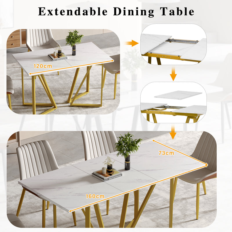 Table à Manger Extensible Blanche Effet Marbre avec Pieds Métalliques Noirs Géométriques  FASTIENS GOLD