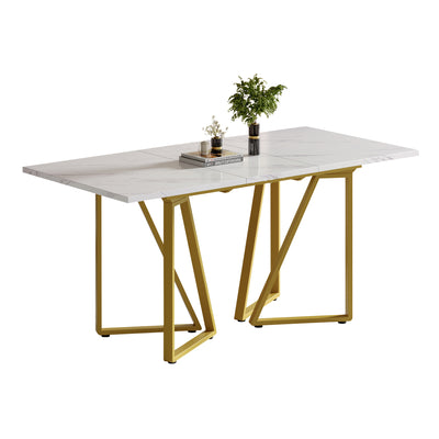 Table à Manger Extensible Blanche Effet Marbre avec Pieds Métalliques Noirs Géométriques  FASTIENS GOLD