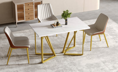 Table à Manger Extensible Blanche Effet Marbre avec Pieds Métalliques Noirs Géométriques  FASTIENS GOLD