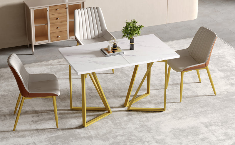 Table à Manger Extensible Blanche Effet Marbre avec Pieds Métalliques Noirs Géométriques  FASTIENS GOLD