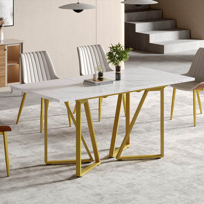 Table à Manger Extensible Blanche Effet Marbre avec Pieds Métalliques Noirs Géométriques  FASTIENS GOLD