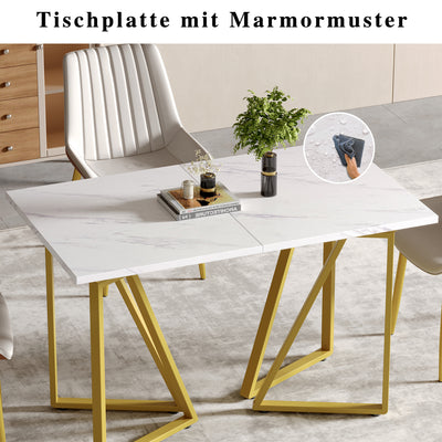 Table à Manger Extensible Blanche Effet Marbre avec Pieds Métalliques Noirs Géométriques  FASTIENS GOLD