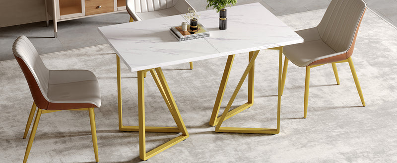 Table à Manger Extensible Blanche Effet Marbre avec Pieds Métalliques Noirs Géométriques  FASTIENS GOLD