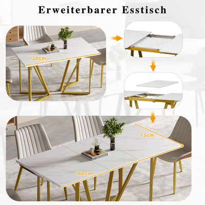 Table à Manger Extensible Blanche Effet Marbre avec Pieds Métalliques Noirs Géométriques  FASTIENS GOLD