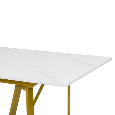 Table à Manger Extensible Blanche Effet Marbre avec Pieds Métalliques Noirs Géométriques  FASTIENS GOLD