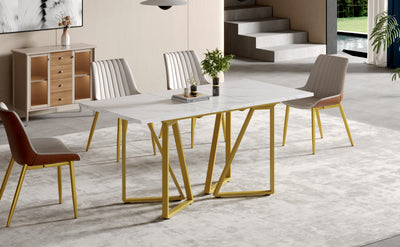 Table à Manger Extensible Blanche Effet Marbre avec Pieds Métalliques Noirs Géométriques  FASTIENS GOLD