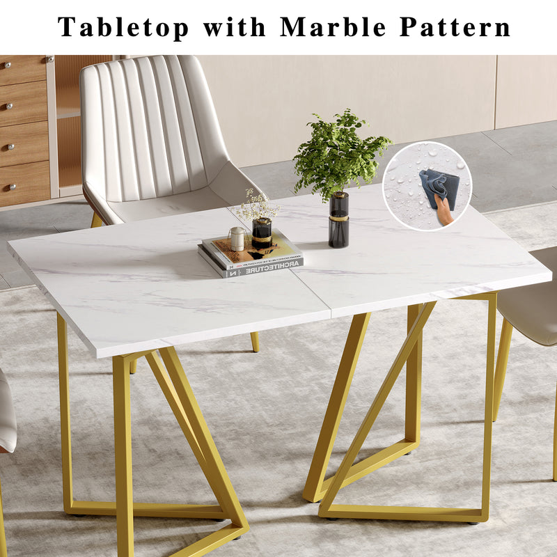 Table à Manger Extensible Blanche Effet Marbre avec Pieds Métalliques Noirs Géométriques  FASTIENS GOLD