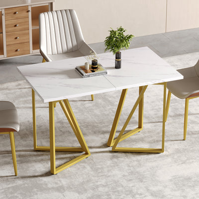 Table à Manger Extensible Blanche Effet Marbre avec Pieds Métalliques Noirs Géométriques  FASTIENS GOLD