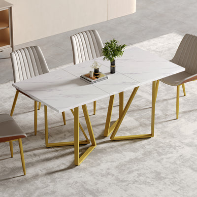 Table à Manger Extensible Blanche Effet Marbre avec Pieds Métalliques Noirs Géométriques  FASTIENS GOLD