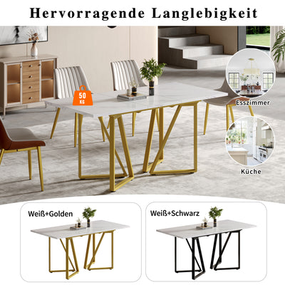 Table à Manger Extensible Blanche Effet Marbre avec Pieds Métalliques Noirs Géométriques  FASTIENS GOLD