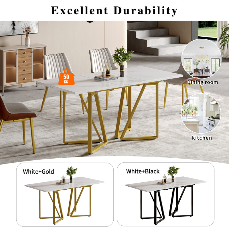 Table à Manger Extensible Blanche Effet Marbre avec Pieds Métalliques Noirs Géométriques  FASTIENS GOLD