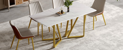 Table à Manger Extensible Blanche Effet Marbre avec Pieds Métalliques Noirs Géométriques  FASTIENS GOLD