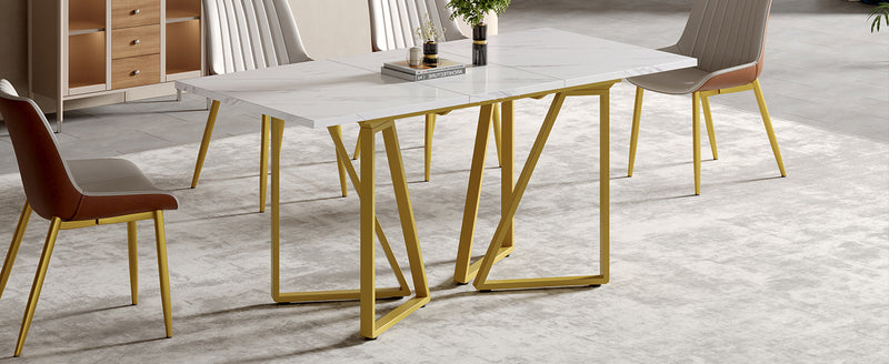 Table à Manger Extensible Blanche Effet Marbre avec Pieds Métalliques Noirs Géométriques  FASTIENS GOLD