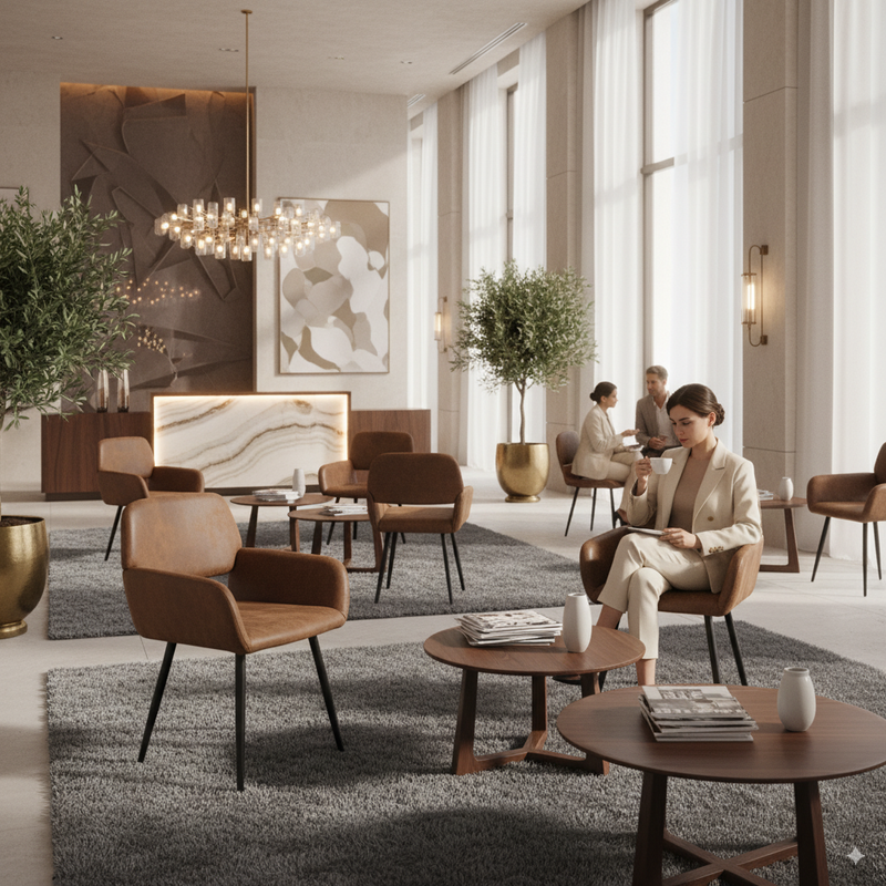 Set of 2 industrial style dining chairs in retro brown fabric with black legs MAYFAIR SUEDE BROWN