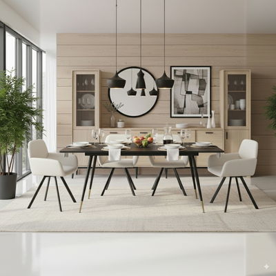 Rectangular extendable dining table black wood effect Scandinavian style gold dot legs 120-160 WHALEN DARK WOOD STRETCH TABLE BG