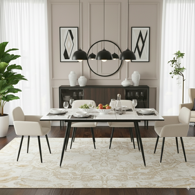 White marble effect Scandinavian style rectangular extendable dining table with black legs 120-160 WHALEN WHITE MARBLE STRETCH TABLE BLACK LEG