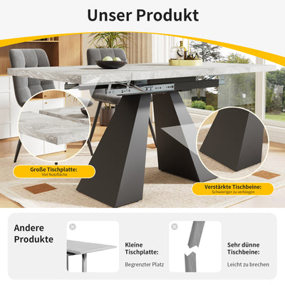 Table de Salle à Manger Extensible Noir et Gris Effet Marbre avec Pieds en Acier au Carbone (99-159cm) GHAKOX GREY