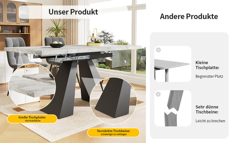 Table de Salle à Manger Extensible Noir et Gris Effet Marbre avec Pieds en Acier au Carbone (99-159cm) GHAKOX GREY