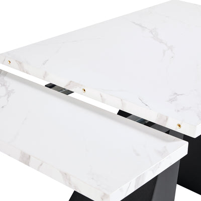 Table de Salle à Manger Extensible Blanche Effet Marbre avec Piètement Croisé et Rail Métallique (118-157cm)  GHAKOX WHITE