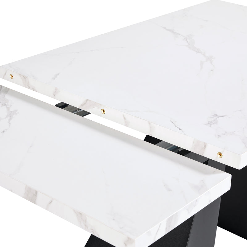 Table de Salle à Manger Extensible Blanche Effet Marbre avec Piètement Croisé et Rail Métallique (118-157cm)  GHAKOX WHITE