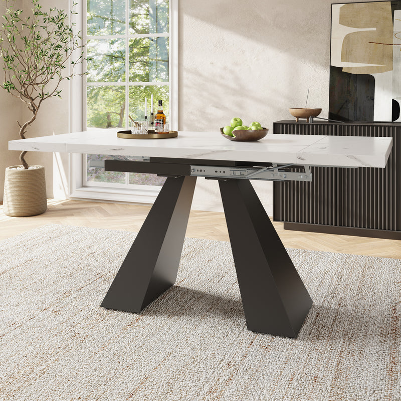 Table de Salle à Manger Extensible Blanche Effet Marbre avec Piètement Croisé et Rail Métallique (118-157cm)  GHAKOX WHITE