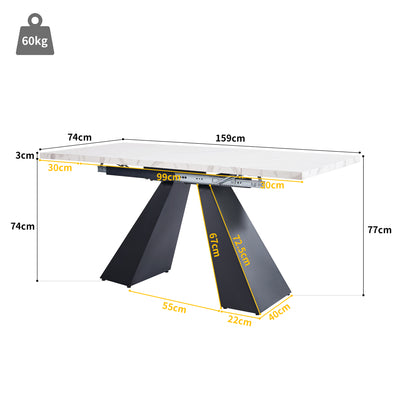 Table de Salle à Manger Extensible Blanche Effet Marbre avec Piètement Croisé et Rail Métallique (118-157cm)  GHAKOX WHITE