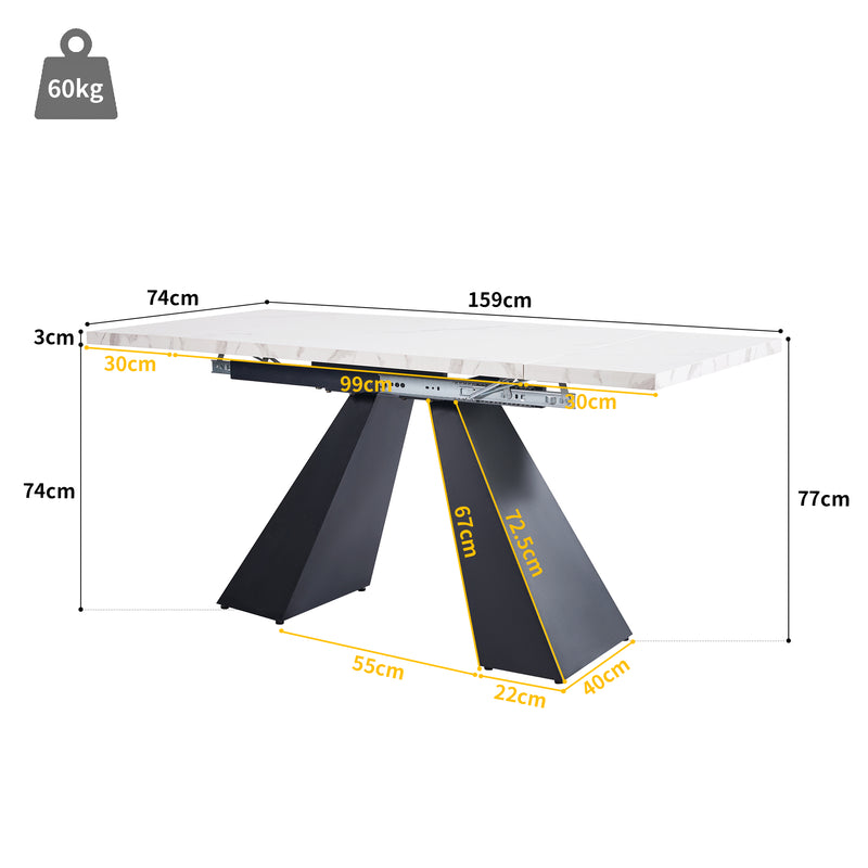 Table de Salle à Manger Extensible Blanche Effet Marbre avec Piètement Croisé et Rail Métallique (118-157cm)  GHAKOX WHITE