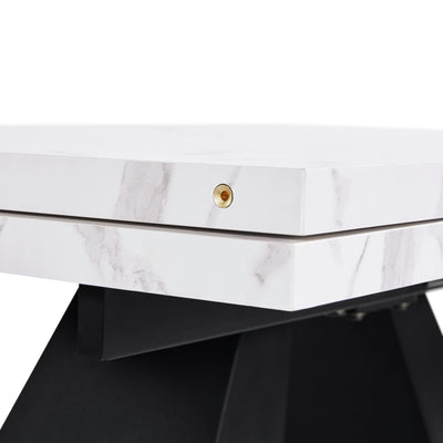 Table de Salle à Manger Extensible Blanche Effet Marbre avec Piètement Croisé et Rail Métallique (118-157cm)  GHAKOX WHITE