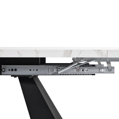 Table de Salle à Manger Extensible Blanche Effet Marbre avec Piètement Croisé et Rail Métallique (118-157cm)  GHAKOX WHITE