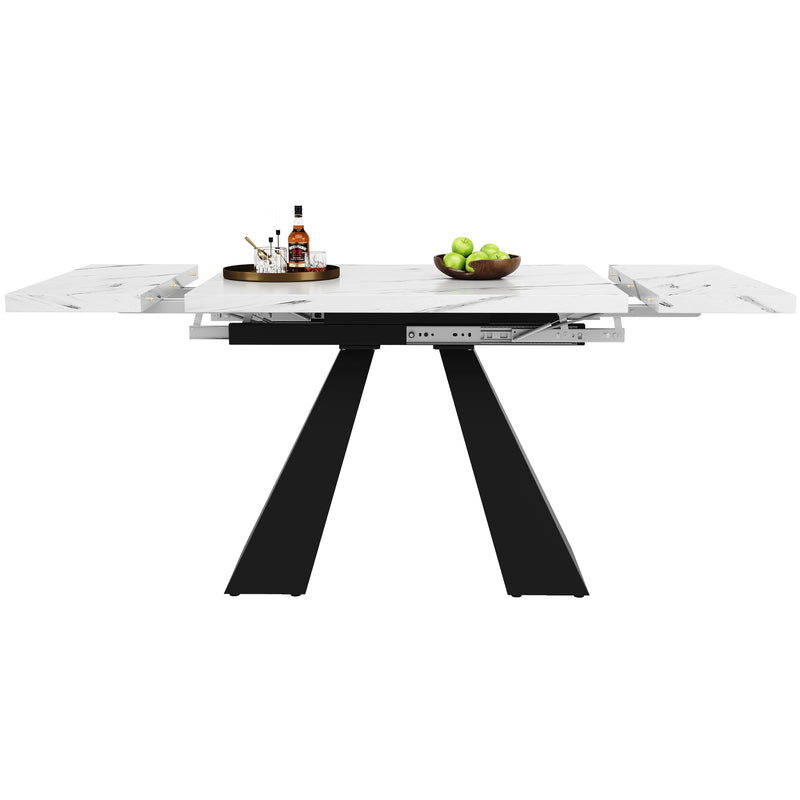 Table de Salle à Manger Extensible Blanche Effet Marbre avec Piètement Croisé et Rail Métallique (118-157cm)  GHAKOX WHITE