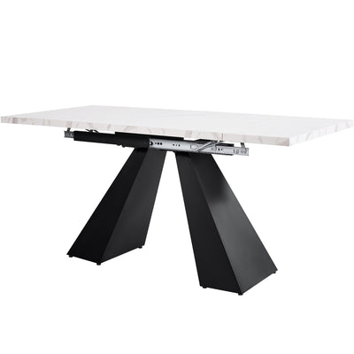Table de Salle à Manger Extensible Blanche Effet Marbre avec Piètement Croisé et Rail Métallique (118-157cm)  GHAKOX WHITE