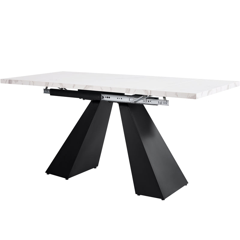 Table de Salle à Manger Extensible Blanche Effet Marbre avec Piètement Croisé et Rail Métallique (118-157cm)  GHAKOX WHITE