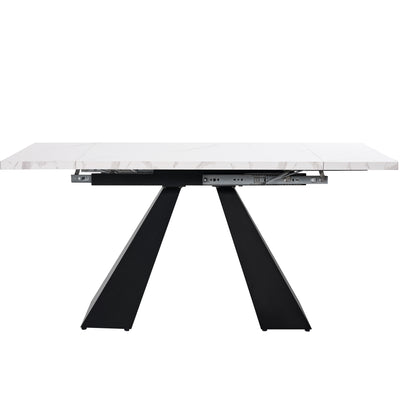 Table de Salle à Manger Extensible Blanche Effet Marbre avec Piètement Croisé et Rail Métallique (118-157cm)  GHAKOX WHITE