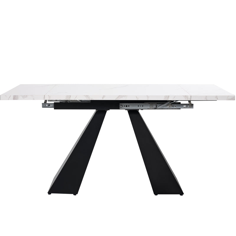Table de Salle à Manger Extensible Blanche Effet Marbre avec Piètement Croisé et Rail Métallique (118-157cm)  GHAKOX WHITE
