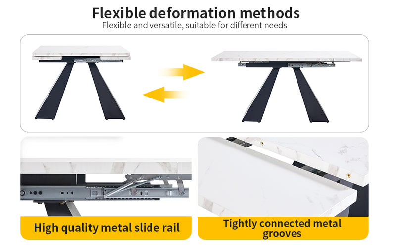 Table de Salle à Manger Extensible Blanche Effet Marbre avec Piètement Croisé et Rail Métallique (118-157cm)  GHAKOX WHITE