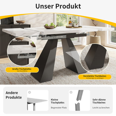 Table de Salle à Manger Extensible Blanche Effet Marbre avec Piètement Croisé et Rail Métallique (118-157cm)  GHAKOX WHITE