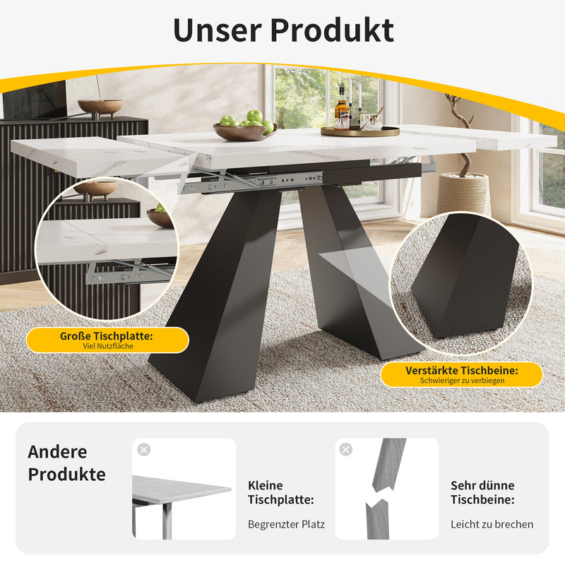 Table de Salle à Manger Extensible Blanche Effet Marbre avec Piètement Croisé et Rail Métallique (118-157cm)  GHAKOX WHITE