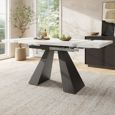 Table de Salle à Manger Extensible Blanche Effet Marbre avec Piètement Croisé et Rail Métallique (118-157cm)  GHAKOX WHITE