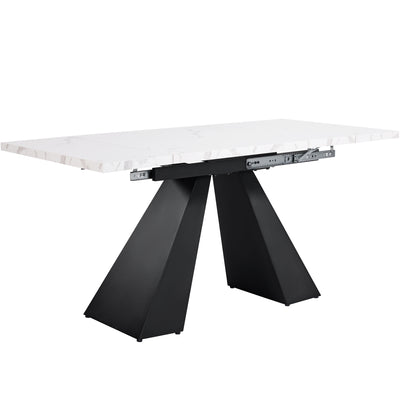 Table de Salle à Manger Extensible Blanche Effet Marbre avec Piètement Croisé et Rail Métallique (118-157cm)  GHAKOX WHITE