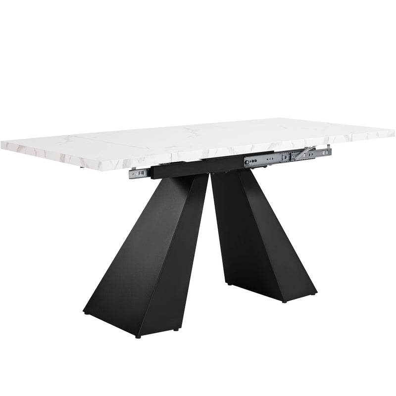 Table de Salle à Manger Extensible Blanche Effet Marbre avec Piètement Croisé et Rail Métallique (118-157cm)  GHAKOX WHITE
